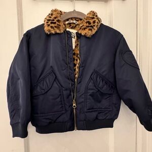 Bonton Girls Navy Jacket with Leopard Print Lining and Collar.Pristine Condition